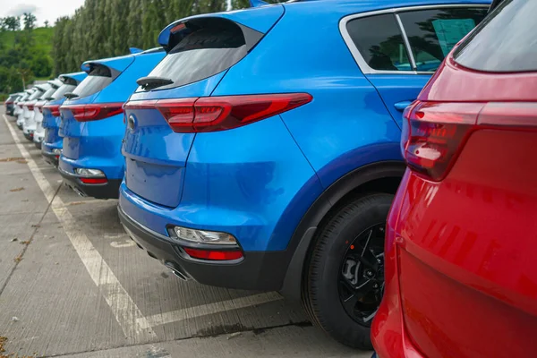 New Cars Stand Parking Lot Warehouse View Rear Cars — Fotografia de Stock