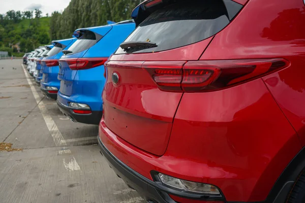 New Cars Stand Parking Lot Warehouse View Rear Cars — Stockfoto