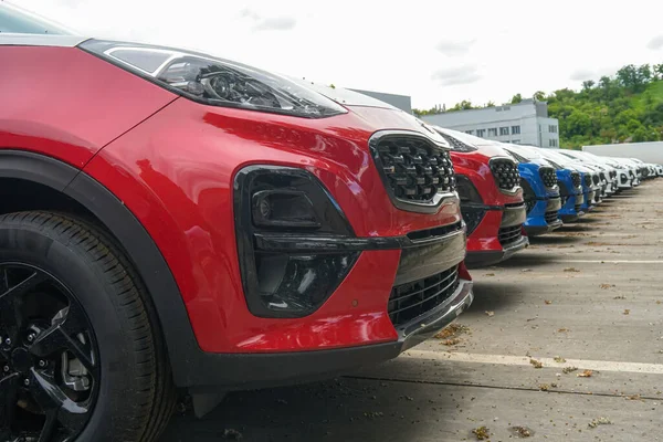 Nuevos Coches Pie Estacionamiento Del Almacén Vista Desde Parte Delantera —  Fotos de Stock