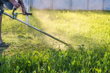 Bahçıvan otları biçer. Bitkilerin küçük parçaları farklı yönlere dağılır.