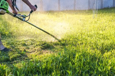 Bahçıvan otları biçer. Bitkilerin küçük parçaları farklı yönlere dağılır.