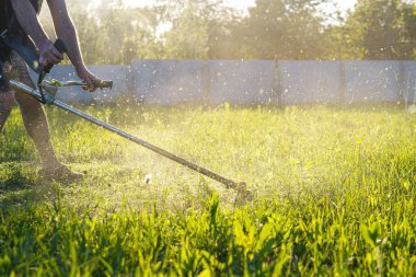 Bahçıvan otları biçer. Bitkilerin küçük parçaları farklı yönlere dağılır.