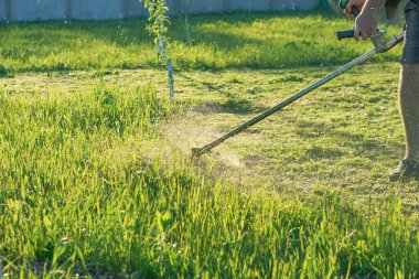 Bahçıvan otları biçer. Bitkilerin küçük parçaları farklı yönlere dağılır.