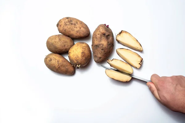 Potatoes White Table Next Cut Rotten Potato — Stock Photo, Image