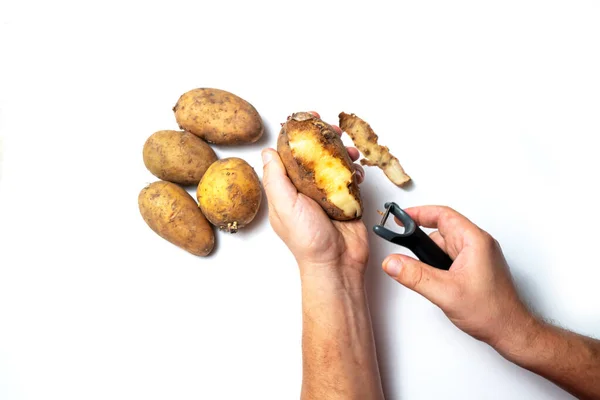 Guy Peels Potatoes White Background Hands Rotten Potato — Stock Photo, Image