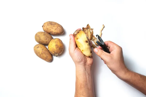 Guy Peels Potatoes White Background Hands Rotten Potato — Stock Photo, Image