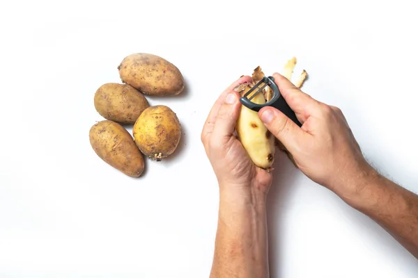 Guy Peels Potatoes White Background Hands Rotten Potato — Stock Photo, Image