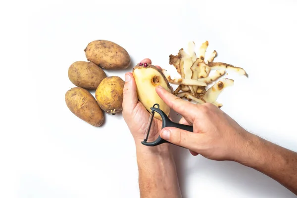 Guy Peels Potatoes White Background Hands Rotten Potato — Stock Photo, Image