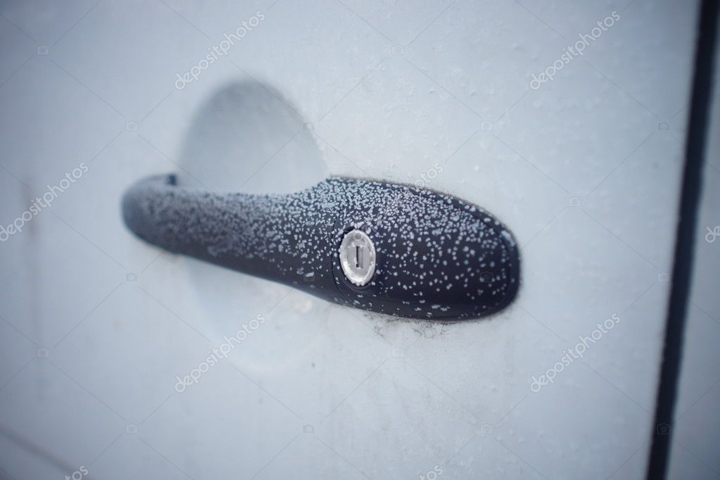Frozen Car Door Closeup Ice Crystals Jammed Lock Stock