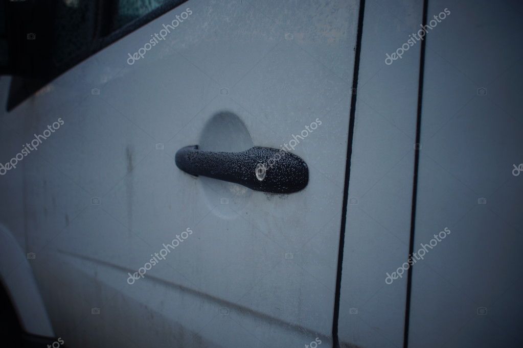 Frozen Car Door Closeup Ice Crystals Jammed Lock Stock