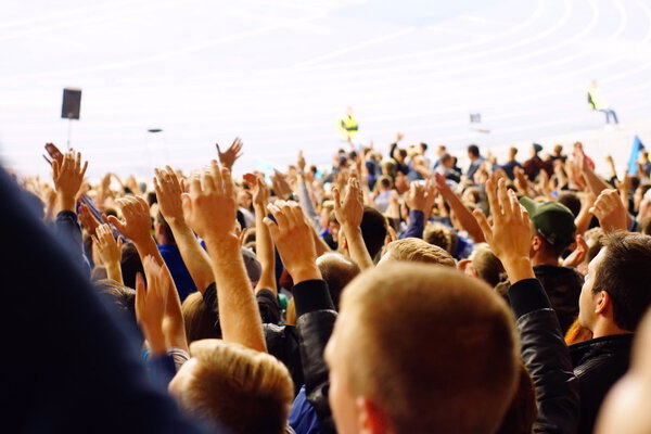 Вентилятор празднует на трибунах на футбольном матче
