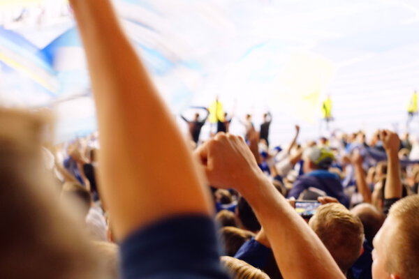 Вентилятор празднует на трибунах на футбольном матче
