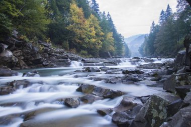 Şelale ve köprü Ukrayna, Jaremcha ile sonbahar dağ nehir manzarası