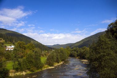 Şelale ve köprü Ukrayna, Jaremcha ile sonbahar dağ nehir manzarası