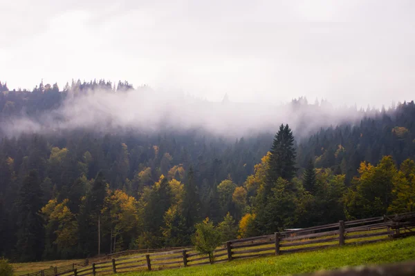 Herbstnebel. Bergdorf. Karpaten, Ukraine, Europa — Stockfoto