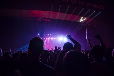 Parlak sahne ışıkları önünde konser kalabalığının siluetleri