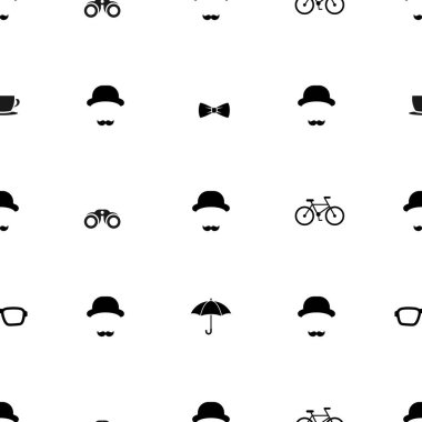 Beyaz arka planda beyefendi olan kusursuz bir desen. İnsan kafası silueti, bıyık, tütün boruları, şemsiyeler, yaylar ve melon şapka. Eski bir süs. Vektör düz resimleme.