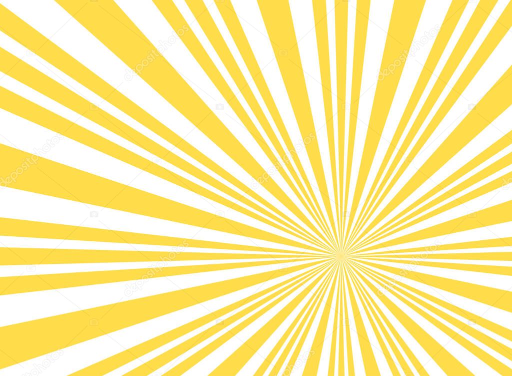 Sunlight wide background. Yellow and white color burst horizontal background. Vector illustration. Sun beam ray sunburst pattern background. Retro bright wallpaper. Vintage circus poster or placard