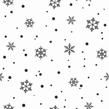 Beyaz zemin üzerinde siyah yıldızlar, noktalar ve kar taneleri olan kusursuz bir desen. Vektör çizimi. Sihirli konfeti, sim. Yeni yıl arkaplanı. Kumaş, tekstil ve ambalaj için vektör Noel arka planı