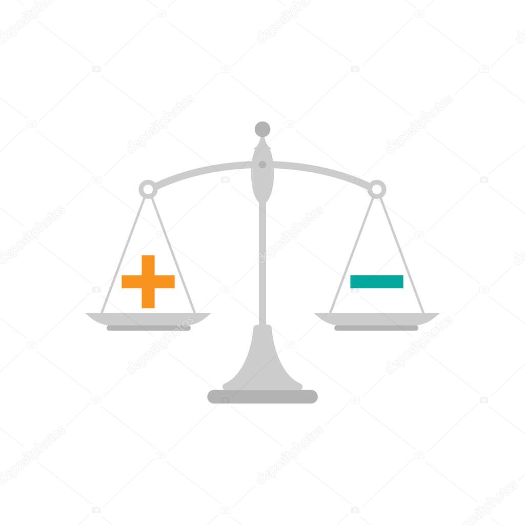 Black mechanical scales with plus and minus in pans. value, solution and rationality balance. pros and cons scale. Vector illustration on white background.