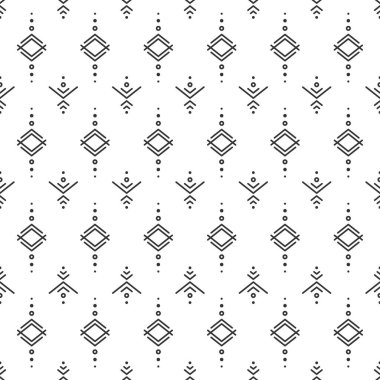 Siyah çizgileri ve beyaz arkaplanda noktaları olan kusursuz bir desen. Etnik simetrik arkaplan. Çapraz eşkenar dörtgen desen. Geometrik dikişsiz doku. Mozaik ekose. Damalı vektör illüstrasyonu.