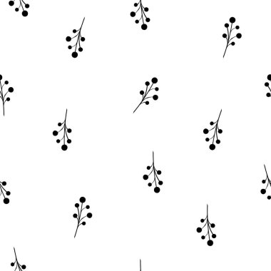 Siyah beyaz böğürtlen dallarıyla desensiz çiçek deseni. Dallı vektör illüstrasyonu. Kumaş ya da kağıda yazdırmak için mükemmel.