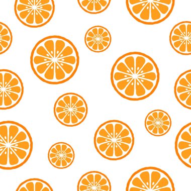 Beyaz arka planda portakal dilimleri olan kusursuz turunçgil deseni. Vektör çizimi. Yazın parlak vektör illüstrasyonu basım için iyidir. Yiyecek süsü.