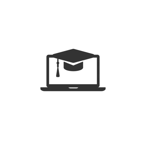 Black Laptop Monitor Graduation Cap Mortar Board Isolated White Flat — Stock Vector