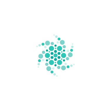 Mavi enerji yuvarlak logosu beyaza izole edilmiş. Çemberler ve noktalar soyut şekiller. Yaratıcı bilim, teknoloji logosu. Sistem, iletişim, ağ, etkileşim, takım çalışması işareti. Vektör illüstrasyonu