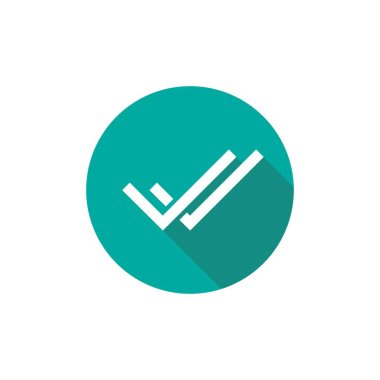 Geçerli mühür simgesi. Mavi daireli beyaz çift kene. Düz sticker simgesi. Beyazda izole edilmiş. Kabul düğmesi. İnternet ve yazılım arayüzleri için iyi. Vektör çizimi. İşaretle.