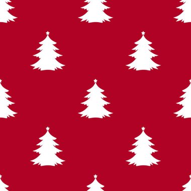 Kırmızı zemin üzerinde yıldızlar olan beyaz köknar ağaçları. Orman tipi. Pürüzsüz kış deseni ve ladin. Noel vektör süsü. kumaş ya da kağıda yazdırmak için basit bayram dokusu.