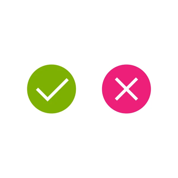 Set Check Mark Icons Tick Cross Green Pink Circle Flat — Stock Vector