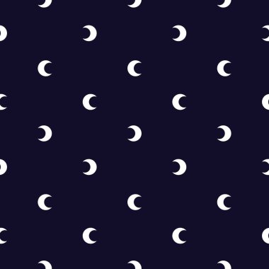 Beyaz yarım ay ile kusursuz desen, koyu mavi arka planda hilal. Etnik kökenli. Geometrik dikişsiz doku. Basit vektör illüstrasyonu.