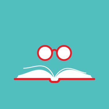 Kırmızı kitap kapağı ve turkuaz arka planda yuvarlak kırmızı gözlüklü bir kitap. Düz okuma simgesi beyaza izole edildi. Vektör bilimi illüstrasyonu. Eğitim logosu. Kütüphane resim grafiği.