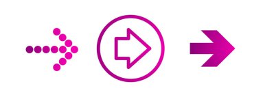 Mor sağ oklar hazır. Düz simge beyazda izole edildi. Simgeye devam et. Sonra, girin, kaydırın, kaydırma düğmesi. Doğu oku. Geometrik biçim