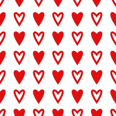 Beyaz zemin üzerinde kırmızı kalpler olan kusursuz bir desen. Vektör düzlüğü Sevgililer Günü aşk süsü. Kalplerin romantik dokusu