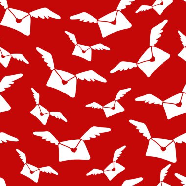 Elle çizilmiş aşk mektuplarıyla kusursuz bir Aziz Valentine deseni. Kırmızı arka planda perukları olan beyaz bir zarf. Vektör illüstrasyonu.