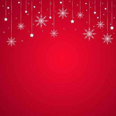 Kış arkaplanı bembeyaz kar taneleri, boncuklar, yıldızlar ve kırmızı arka planda toplar. Sınırlı yeni yıl arkaplanı. Kart, davet, duvar kağıdı için vektör Noel arkaplanı.