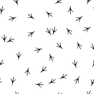 Kuş izi olan kusursuz soyut desen. Vektör çizimi. Kuş ayak izleri siyah beyaz.