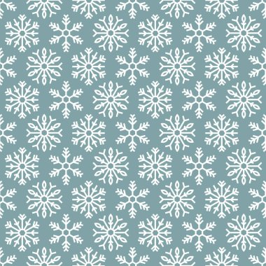 Mavi zemin üzerinde beyaz kar taneleri olan kışın pürüzsüz deseni. Yeni yıl arkaplanı. Kumaş, tekstil, ambalaj kağıdı, kart, davetiye, duvar kağıdı için vektör düz simetrik Noel süsü