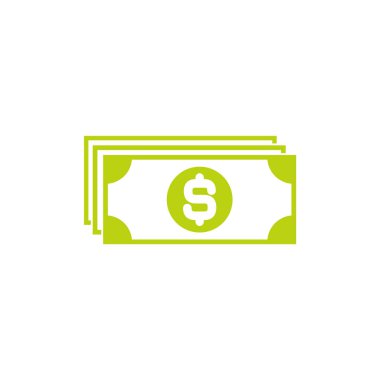 Üzerinde dolar işareti olan yeşil banknot. Düz simge beyazda izole edildi. Para için resim çekimi. Dolar ve para, para, para, banka sembolü. Banka kağıt vektör illüstrasyonu.