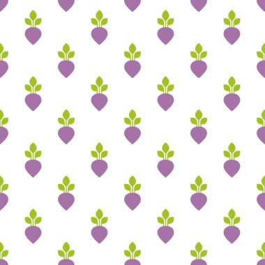 Beyaz arka planda yeşil çubuklu mor pancar köklü pürüzsüz desen. Pancar köklü vektör düz çizgi film dokusu.