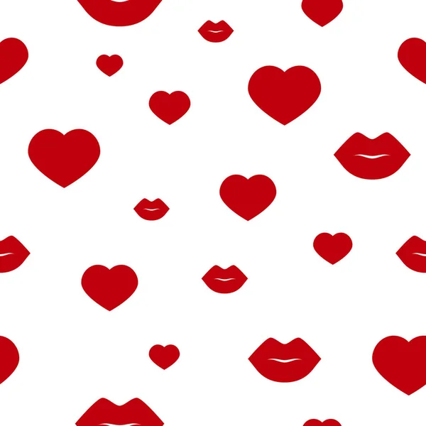 Zökkenőmentes Minta Piros Szívek Csókok Fehér Háttér Vektor Lapos Valentin — Stock Vector