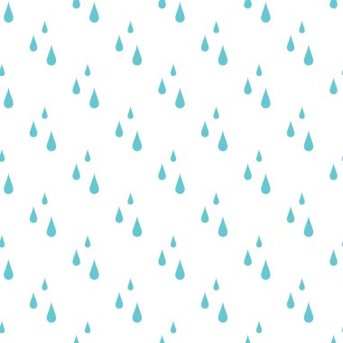 Beyaz zemin üzerinde mavi su damlaları olan kusursuz bir süs. Doğa, sıvı, yağmur deseni. Vektör çizimi. Çizgi film yağmur hava durumu duvar kağıdı. Yağmurlu gün