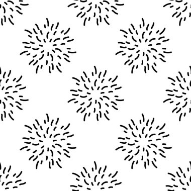 Siyah çiçekli, havai fişekli ya da eski püskü darbelerden yapılmış yıldızlı kusursuz desenli. Beyaz arka plan. Dallı vektör çizimi. Kumaş, kağıt ya da ambalaj için mükemmel