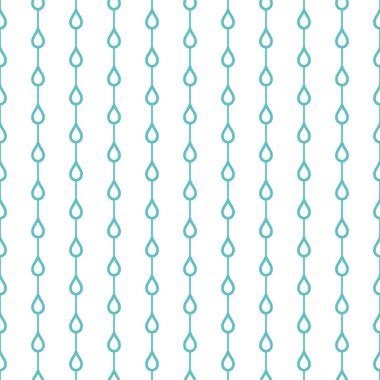 Beyaz zemin üzerinde mavi su damlaları olan kusursuz bir süs. Doğa, sıvı, yağmur deseni. Vektör çizimi. Çizgi film yağmur hava durumu duvar kağıdı. Yağmurlu gün