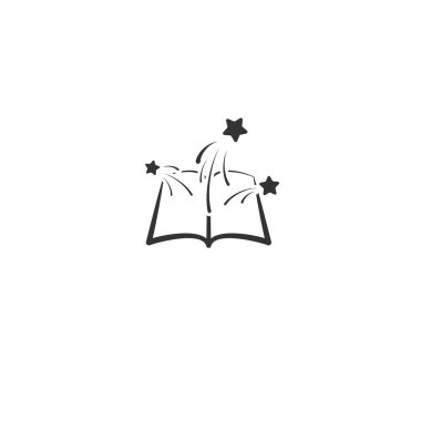 Yıldızlı ya da havai fişekli açık bir kitap. Beyaz arka planda izole edilmiş. Düz simge. Vektör çizimi. Sihirli, yaratıcı okuma logosu. Peri masalı çizimi. Çocuklar için kitap. Bilgi İşareti Gücü.