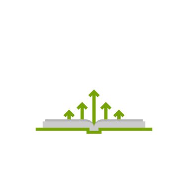 Yeşil okları olan açık kare bir kitap. Düz simge beyaz arkaplanda izole edildi. Simge okunuyor. Vektör çizimi. Pictogram çalış. Bilginin gücü. Finansal eğitim tabelası. Büyümek. seviye yükselt