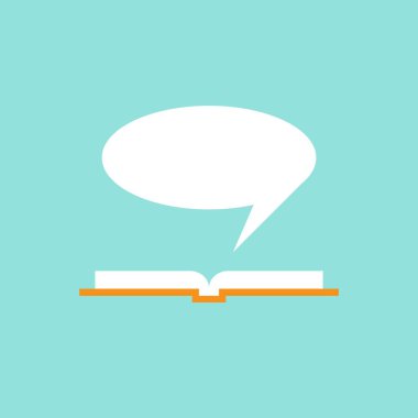 Kırmızı kitap kapağı ve beyaz konuşma baloncuğunun uçtuğu açık bir kitap. Turkuazda izole edilmiş. Düz okuma simgesi. Vektör çizimi. alıntı logosu. Peri masalı çizimi.