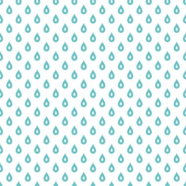 Beyaz zemin üzerinde mavi su damlaları olan kusursuz bir süs. Doğa, sıvı, yağmur deseni. Vektör çizimi. Çizgi film yağmur hava durumu duvar kağıdı. Yağmurlu gün